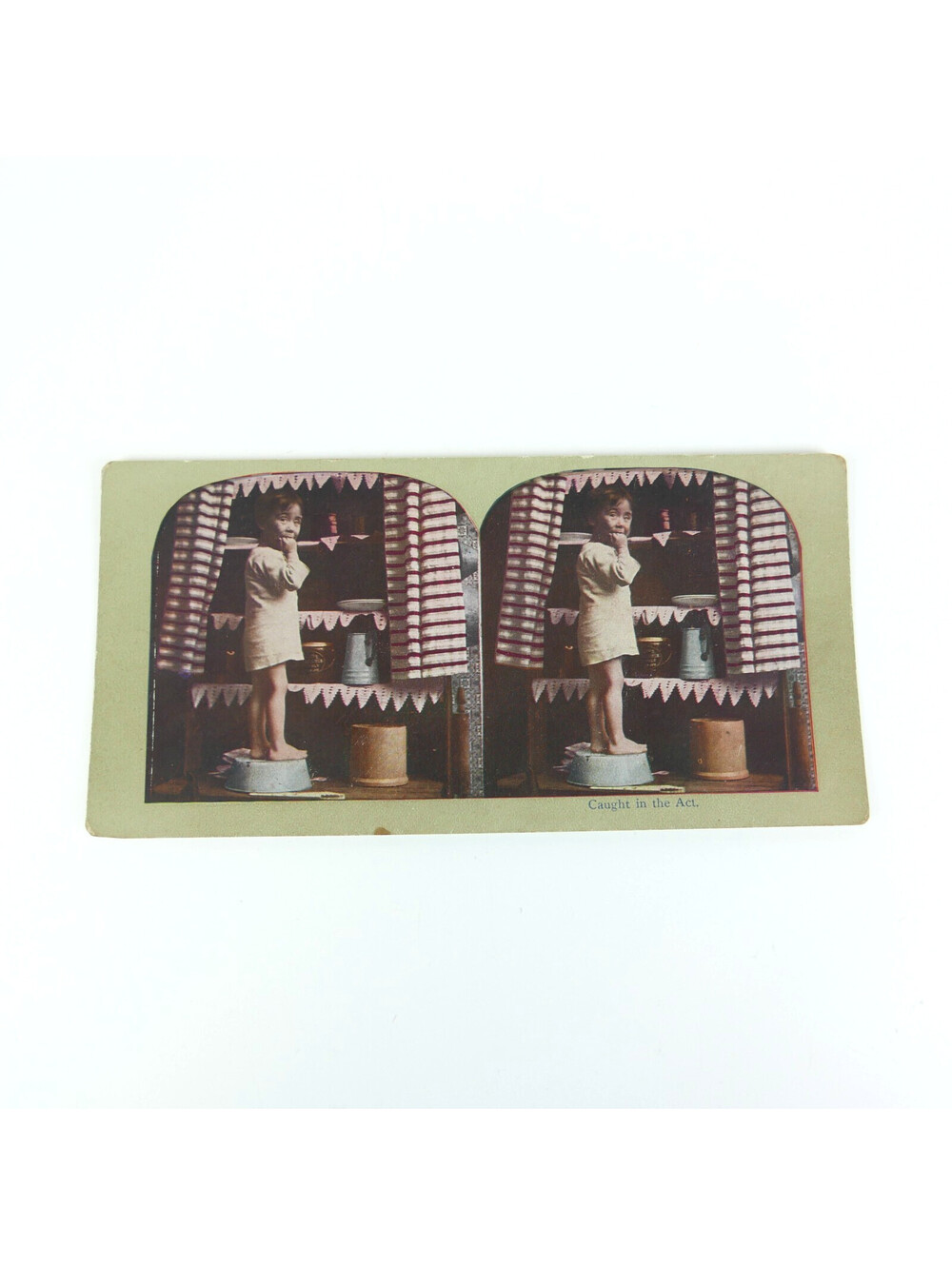 Antique Stereoview Card Caught In The Act Child In Pantry Kitchen Cupboard 1900